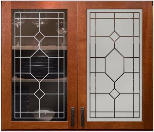Cabinet Glass showcasing a Frosted Glass Traditional Design with Sandblast Etched Glass Art by Sans Soucie Hammond Design