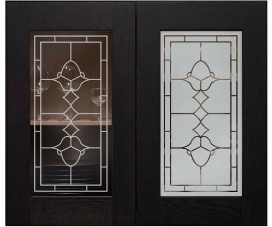 Cabinet Glass featuring a Frosted Glass Traditional Design Sandblast Etched Glass Faux Leaded 08 Design by Sans Soucie