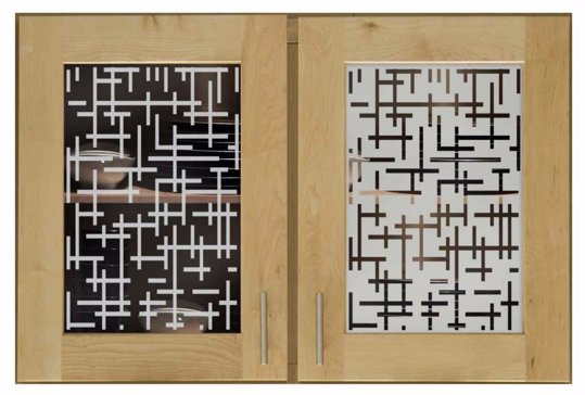 Handcrafted Etched Glass Cabinet Glass by Sans Soucie Art Glass with Custom Patterns Design Called Grid Pattern Creating Semi-Private