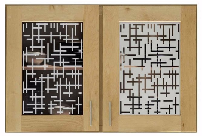 Cabinet Glass featuring Frosted Glass Design Etched Glass by Sans Soucie Art Glass with Custom Patterns Design Grid Pattern