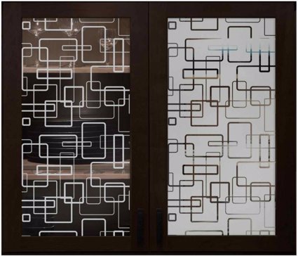 Semi-Private Cabinet Glass with Sandblast Etched Glass Art by Sans Soucie Featuring Soft Squares Geometric Design