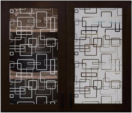 Cabinet Glass showcasing a Frosted Glass Geometric Design with Sandblast Etched Glass Art by Sans Soucie Soft Squares Design