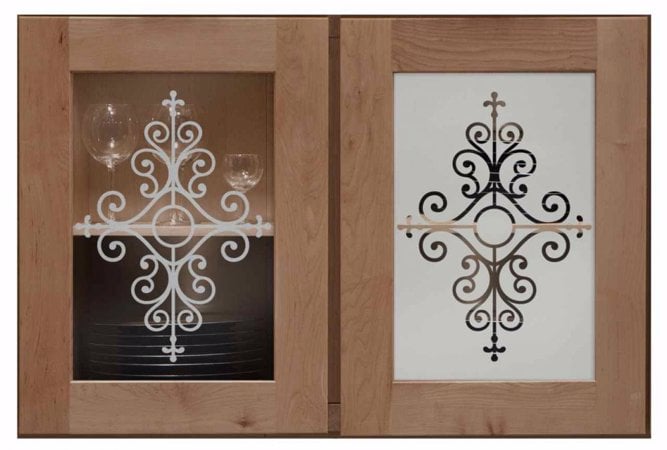 Cabinet Glass showcasing a Frosted Glass Wrought Iron Design with Sandblast Etched Glass Art by Sans Soucie Maya Design