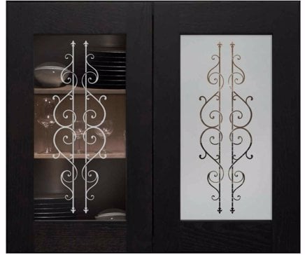 Semi-Private Cabinet Glass with Sandblast Etched Glass Art by Sans Soucie Featuring Zamora Wrought Iron Design