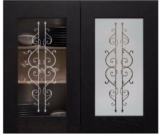 Cabinet Glass showcasing a Frosted Glass Wrought Iron Design with Sandblast Etched Glass Art by Sans Soucie Zamora Design