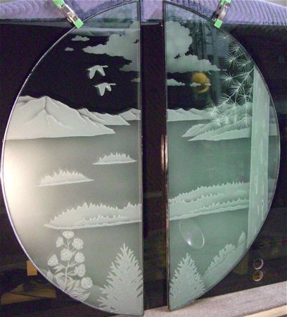 Door Glass Insert with a Frosted Glass Geese over the Lake Landscapes Design for Semi-Private by Sans Soucie Art Glass