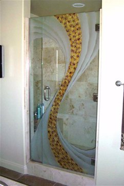 Art Glass Shower Door Featuring Sandblast Frosted Glass by Sans Soucie for Not Private with Abstract Cyclone Design