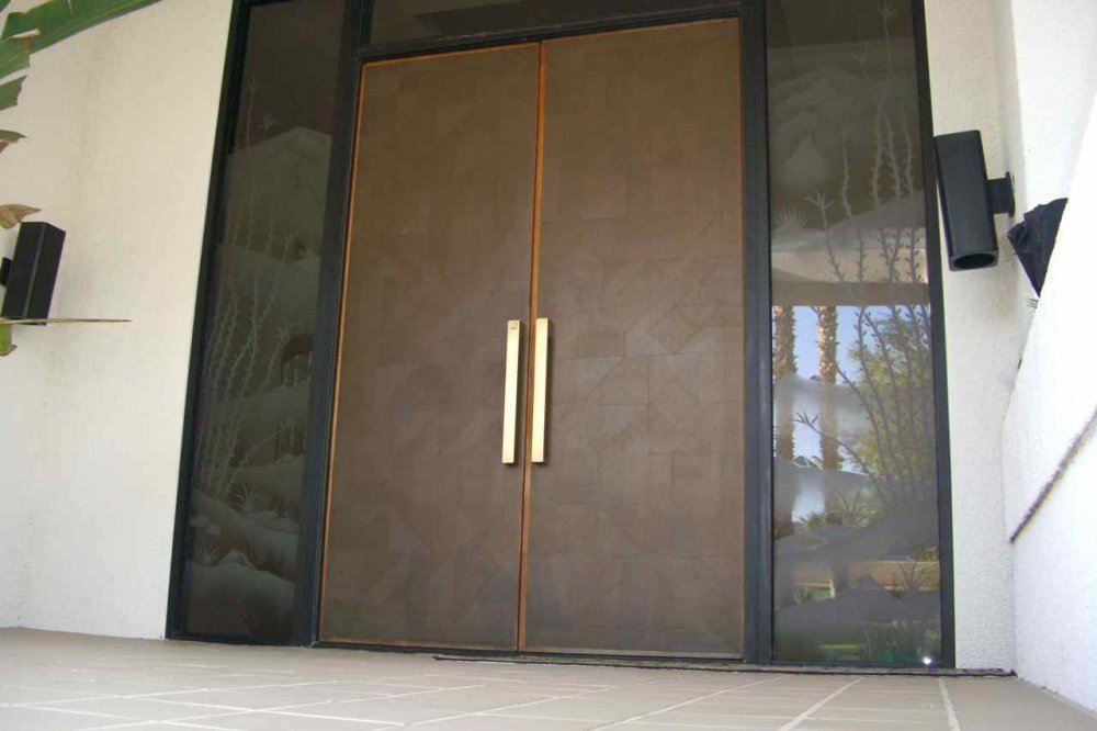 Modern front entry doors with etched glass side windows create a private yet light-filled entryway for street-facing homes