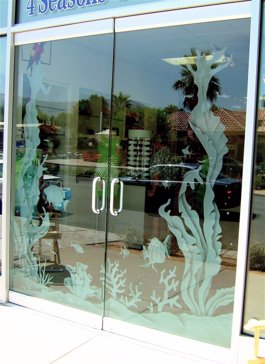 Handmade Sandblasted Frosted Glass Exterior Glass Door for Semi-Private Featuring a Oceanic Design Aquarium Fish by Sans Soucie