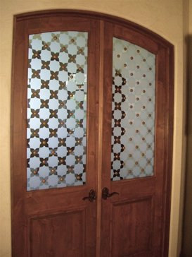 Handcrafted Etched Glass Entry Insert by Sans Soucie Art Glass with Custom Geometric Design Called Parquet Creating Semi-Private