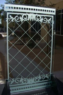 Handmade Sandblasted Frosted Glass Entry Insert for Semi-Private Featuring a Traditional Design Filigree Lattice by Sans Soucie