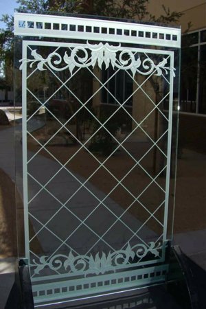 Door Glass Insert featuring a Frosted Glass Traditional Design Sandblast Etched Glass Filigree Lattice Design by Sans Soucie