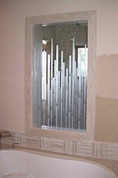 Handcrafted Etched Glass Window by Sans Soucie Art Glass with Custom Geometric Design Called Mosaics Creating Semi-Private