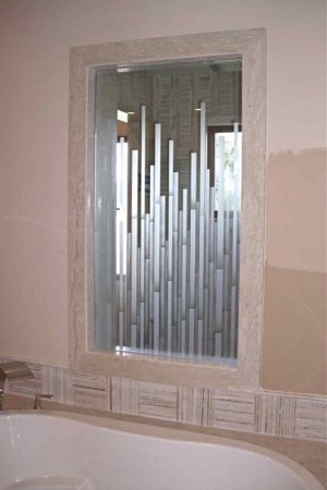 Window featuring Frosted Glass Design Etched Glass by Sans Soucie Art Glass with Custom Geometric Design Mosaics