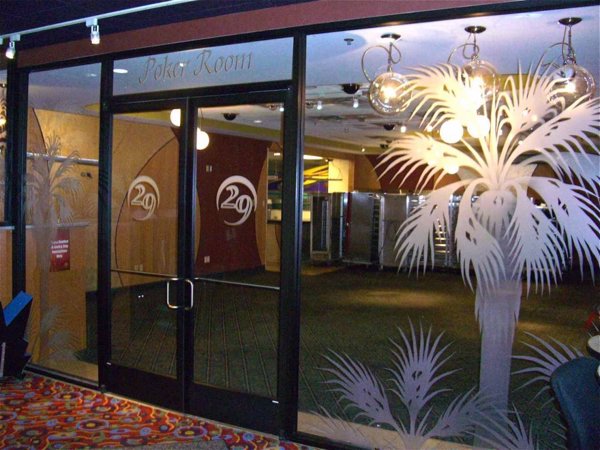 Interior Glass Insert with a Frosted Glass Fan Palm Palm Trees Design for Semi-Private by Sans Soucie Art Glass