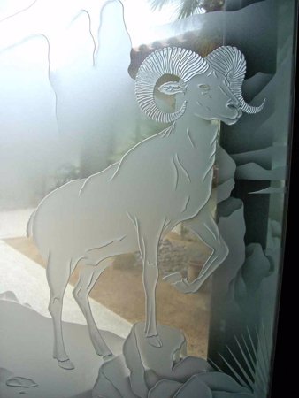 Door Glass Insert featuring a Frosted Glass Wildlife Design Sandblast Etched Glass Bighorn Design by Sans Soucie
