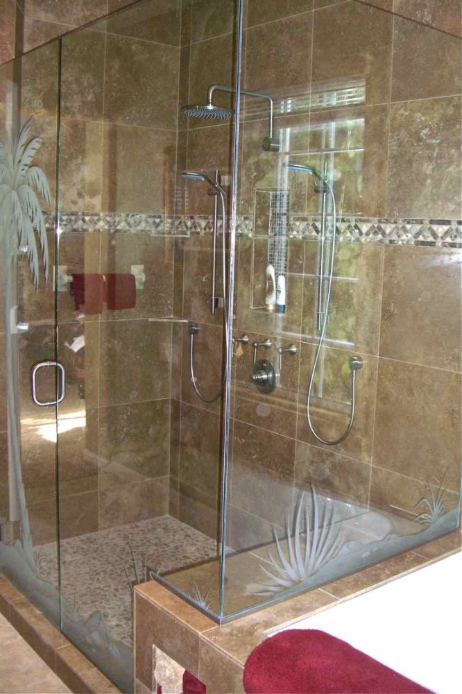 glass shower door enclosure etched frosted palm tree - 1 Corner frameless glass shower enclosure with etched desert palm tree design, custom frosted glass panels with landscape scene