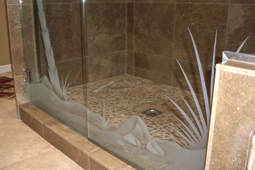 glass shower door panel palm tree etched glass - 3 Etched glass shower panel with desert landscape design, frosted sandblasted rocks, plants, and ground detail on clear glass