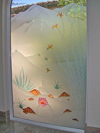 Window with a Frosted Glass Mountains Foliage Ocotillo Desert Design for Semi-Private by Sans Soucie Art Glass
