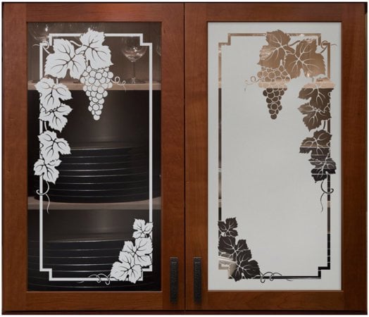 Cabinet Glass featuring a Frosted Glass Grapes & Ivy Design Sandblast Etched Glass Vineyard Grapes Garland Design by Sans Soucie