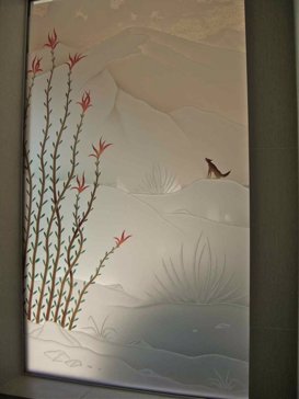 Not Private Window with Sandblast Etched Glass Art by Sans Soucie Featuring Ocotillo Coyote Desert Design