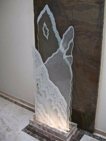 Sculpture showcasing a Frosted Glass Abstract Design with Sandblast Etched Glass Art by Sans Soucie Rugged Retreat Design