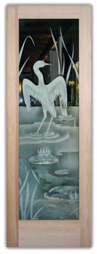 Art Glass Front Door Featuring Sandblast Frosted Glass by Sans Soucie for Semi-Private with Wildlife Cranes B Design