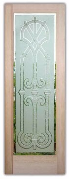 Handcrafted Etched Glass Interior Door by Sans Soucie Art Glass with Custom Wrought Iron Design Called Iron Bars Creating Semi-Private