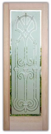 Interior Door featuring Frosted Glass Design Etched Glass by Sans Soucie Art Glass with Custom Wrought Iron Design Iron Bars