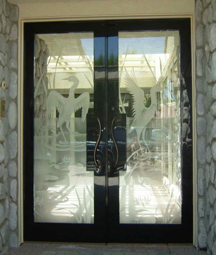 Glass front doors with frosted glass art Cranes and Cattails