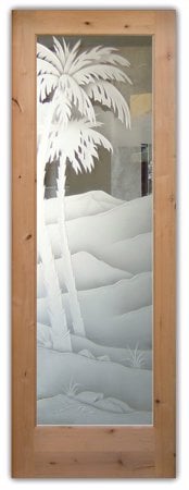 Interior Door with a sandblast Frosted Glass Palm Trees Design Custom-Designed Decorative Etched Glass