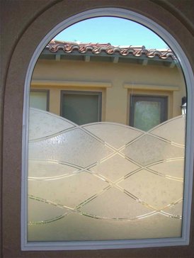 Semi-Private Window with Sandblast Etched Glass Art by Sans Soucie Featuring Abstract Hills Smooth II Abstract Design