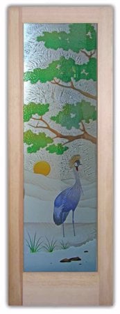 Front Door featuring Frosted Glass Design Etched Glass by Sans Soucie Art Glass with Custom African Design African Crane