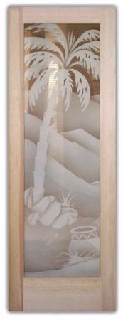 Interior Door with a sandblast Frosted Glass Palm Trees Design Custom-Designed Decorative Etched Glass