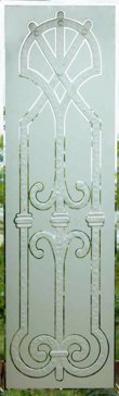 Handcrafted Etched Glass Entry Insert by Sans Soucie Art Glass with Custom Wrought Iron Design Called Iron Bars Creating Semi-Private