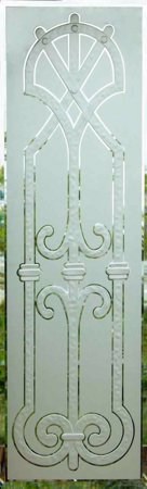 Door Glass Insert featuring Frosted Glass Design Etched Glass by Sans Soucie Art Glass with Custom Wrought Iron Design Iron Bars