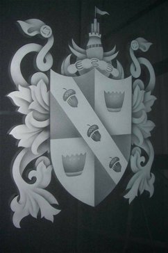 Art Glass Interior Insert Featuring Sandblast Frosted Glass by Sans Soucie for Semi-Private with Traditional Family Crest II Design