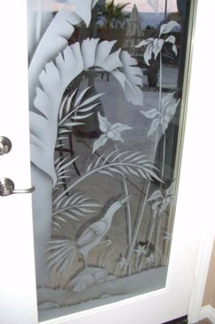 Handmade Sandblasted Frosted Glass Entry Insert for Semi-Private Featuring a Tropical Design Natural Wonders by Sans Soucie