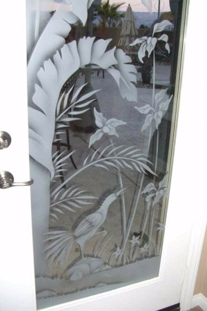 Door Glass Insert featuring a Frosted Glass Tropical Design Sandblast Etched Glass Natural Wonders Design by Sans Soucie