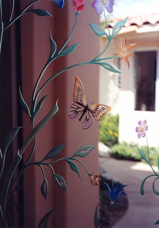 Door Glass Insert showcasing a Frosted Glass Floral Design with Sandblast Etched Glass Art by Sans Soucie Springtime Flutter Design