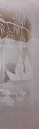 Door Glass Insert featuring a Frosted Glass Wildlife Design Sandblast Etched Glass Swan Song Design by Sans Soucie