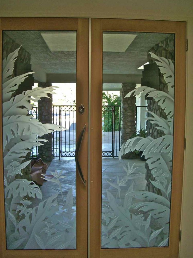 Front door with beautiful carved glass and botanical design