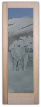 Semi-Private Interior Door with Sandblast Etched Glass Art by Sans Soucie Featuring Elephants in the Wild African Design