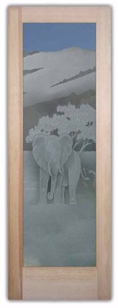 Interior Door showcasing a Frosted Glass Wildlife Design with Sandblast Etched Glass Art by Sans Soucie Elephants in the Wild Design