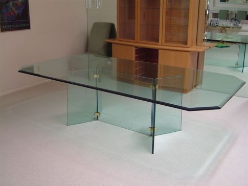 Not Private Table Base with Sandblast Etched Glass Art by Sans Soucie Featuring V Base Connectors Center Panel Geometric Design