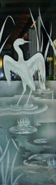Art Glass Interior Insert Featuring Sandblast Frosted Glass by Sans Soucie for Semi-Private with Wildlife Cranes B Design