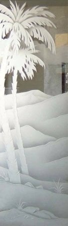 Door Glass Insert with a sandblast Frosted Glass Palm Trees Design Custom-Designed Decorative Etched Glass