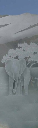 Door Glass Insert showcasing a Frosted Glass Wildlife Design with Sandblast Etched Glass Art by Sans Soucie Elephants in the Wild Design