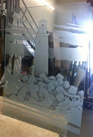Window with a sandblast Frosted Glass Oceanic Design Custom-Designed Decorative Etched Glass