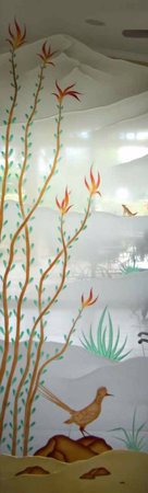 Door Glass Insert showcasing a Frosted Glass Desert Design with Sandblast Etched Glass Art by Sans Soucie Ocotillo Roadrunner Design